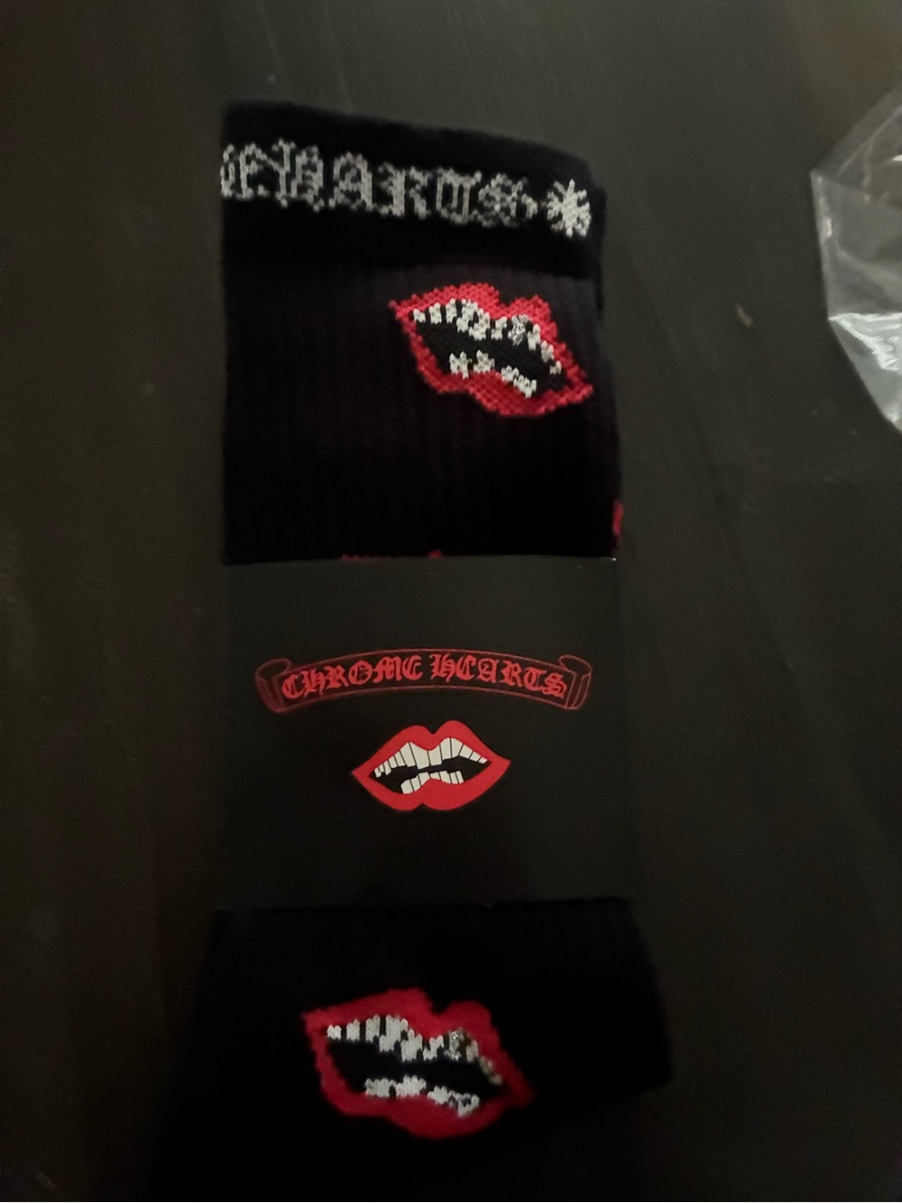 Chrome Hearts Black Socks with Red Lip Design
